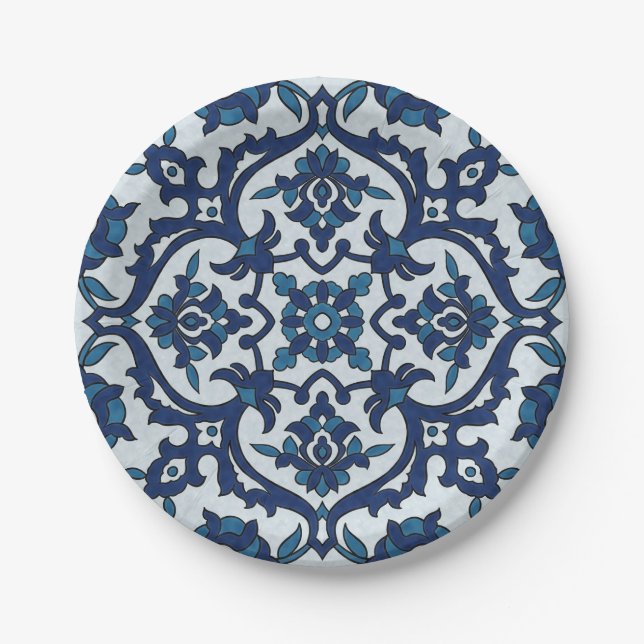 Plato De Papel Azulejos azules portugueses, patrón de mosaico flo (Anverso)