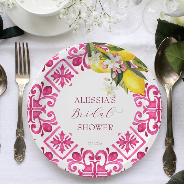 Plato De Papel Azulejos de Fuchsia Majolica magenta ducha de novi (Fuchsia Majolica magenta tiles lemons bridal shower tableware personalized Paper Plates)