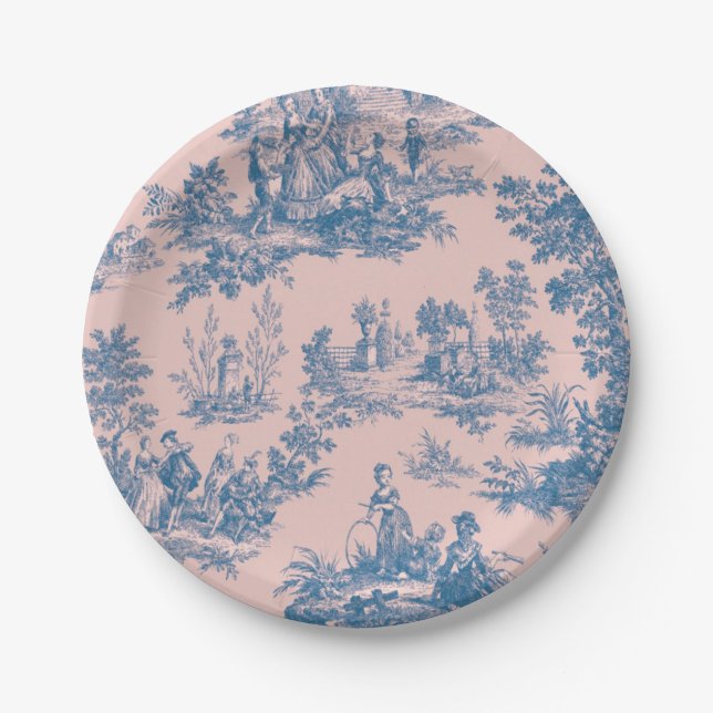 Plato De Papel Azulejos de jouy azul y rosa elegante (Anverso)