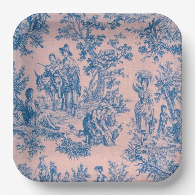 Plato De Papel Azulejos de jouy azul y rosa elegante (Anverso)