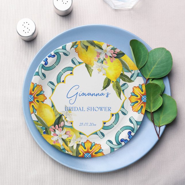 Plato De Papel Azulejos de mallica mediterráneos limones ducha de (Mediterranean Majolica blue tiles lemons bridal shower personalized printed Paper Plates table decor)