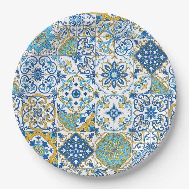 Plato De Papel Azulejos en azul y amarillo (Anverso)