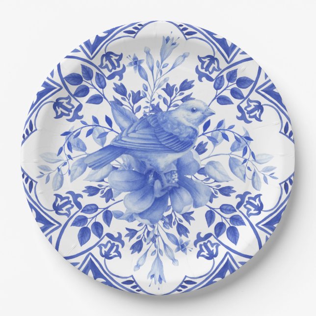 Plato De Papel Azulejos florales azules y blancos con pájaro (Anverso)