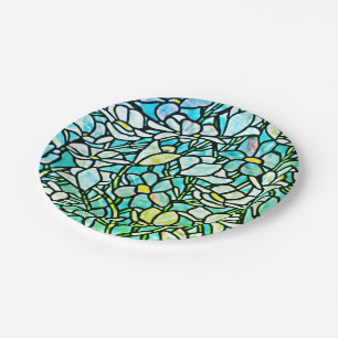 Plato De Papel Azulejos Florales de Mosaico Verde