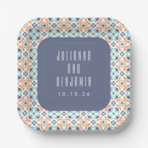 Plato De Papel Azulejos Geométricos Vintage Motivo Boda Azul Pers