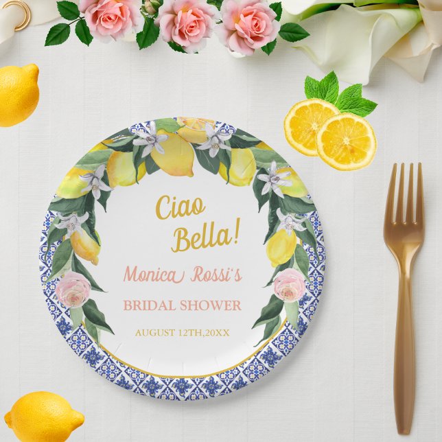 Plato De Papel Azulejos italianos azules Lemon Ciao Bella Bridal  (Subido por el creador)
