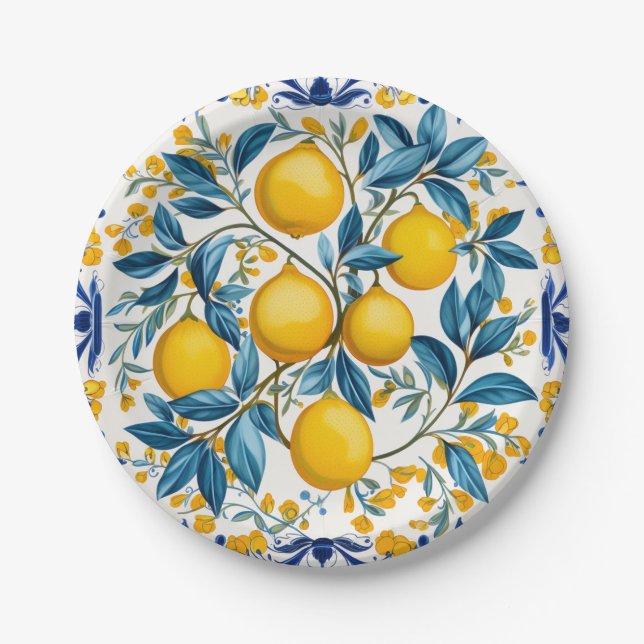 Plato De Papel 💙 💛 Azulejos Lemon Orchard Placas de papel (Anverso)