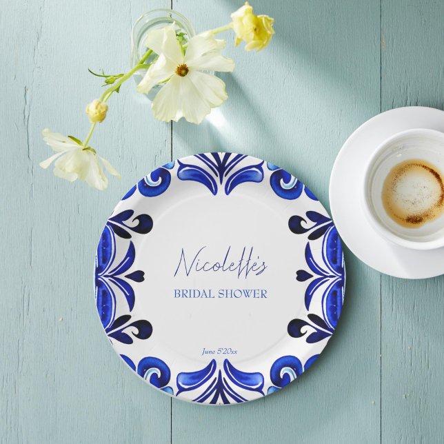 Plato De Papel Azulejos mediterráneos franceses ducha de novia (French Blue Mediterranean folk ornaments tiles Mexican Spanish bridal shower printed Paper Plates)
