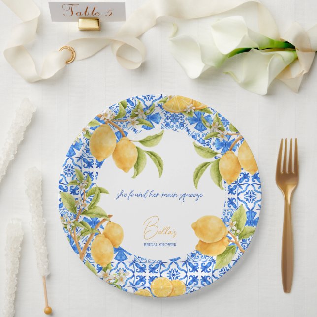 Plato De Papel Azulejos Mediterráneos Limones de la Novia Princip (Boda)