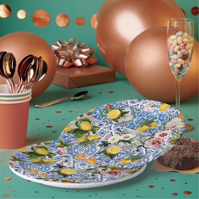 Plato De Papel Azulejos Patrón Mediterráneo (Multi)
