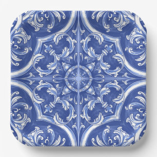 Plato De Papel Azulejos portugueses tribales tradicionales acuare