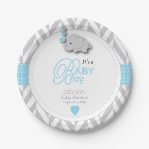 Plato De Papel Azules cielos, elefante gris blanco Baby Shower