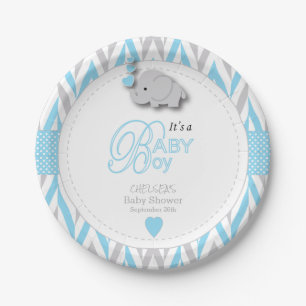 Plato De Papel Azules cielos, elefante gris blanco Baby Shower 2