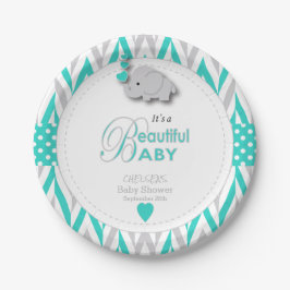 Plato De Papel Azules turquesas, elefante gris blanco Baby Shower