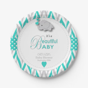 Plato De Papel Azules turquesas, elefante gris blanco Baby Shower
