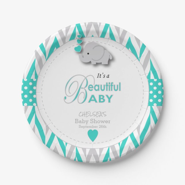 Plato De Papel Azules turquesas, elefante gris blanco Baby Shower (Anverso)