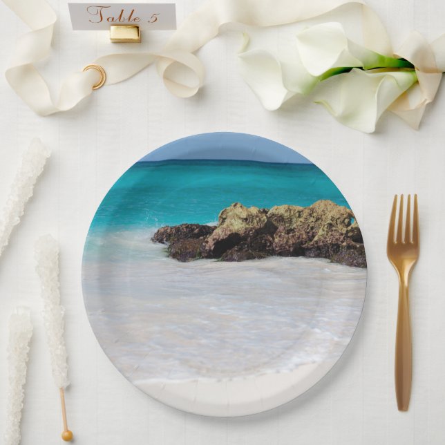 Plato De Papel Azure Ocean Sandy Beach Photo (Boda)