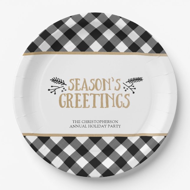 Plato De Papel B&W Búfalo Check SEASONS GREETINGS Personalizado (Anverso)