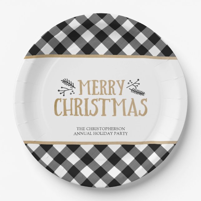 Plato De Papel B&W Buffalo Check MERRY NAVIDAD Personalizada (Anverso)