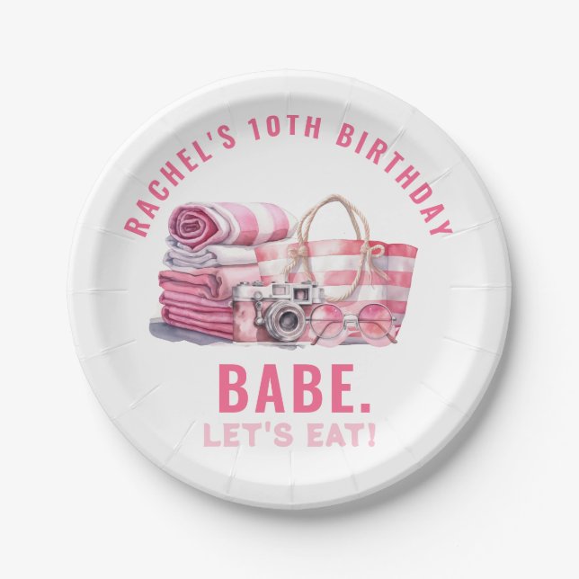 Plato De Papel BABE Pink Pool Fiesta Chica Cumpleaños (Anverso)
