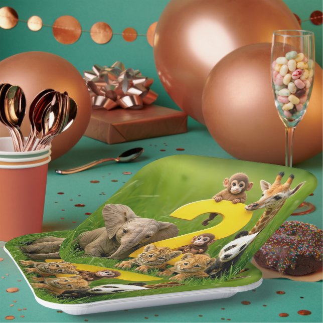 Plato De Papel Baby African Animals With a Big Number Two (Multi)