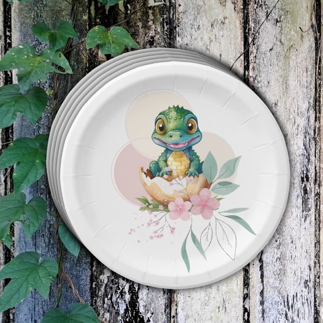 Plato De Papel Baby Alligator Hatching Floral Baby Shower (Subido por el creador)