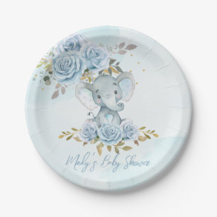 Plato De Papel Baby Blue Floral Cute Elephant Boy Baby Shower