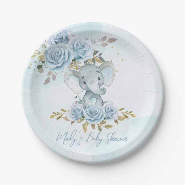 Plato De Papel Baby Blue Floral Cute Elephant Boy Baby Shower (Anverso)