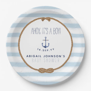 Plato De Papel Baby Blue Rustic Nautical Ahoy Boy Baby Shower