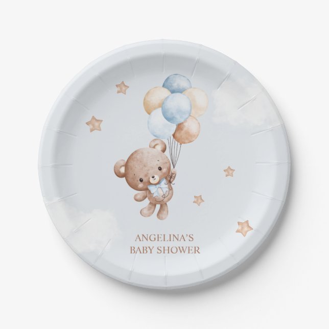 Plato De Papel Baby Blue Teddy Bear Baby Shower (Anverso)