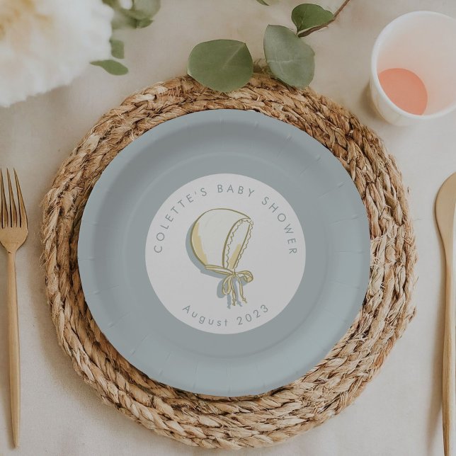 Plato De Papel Baby Bonnet Baby Shower Blue (Mint blue baby bonnet baby shower personalized party paper plates.)