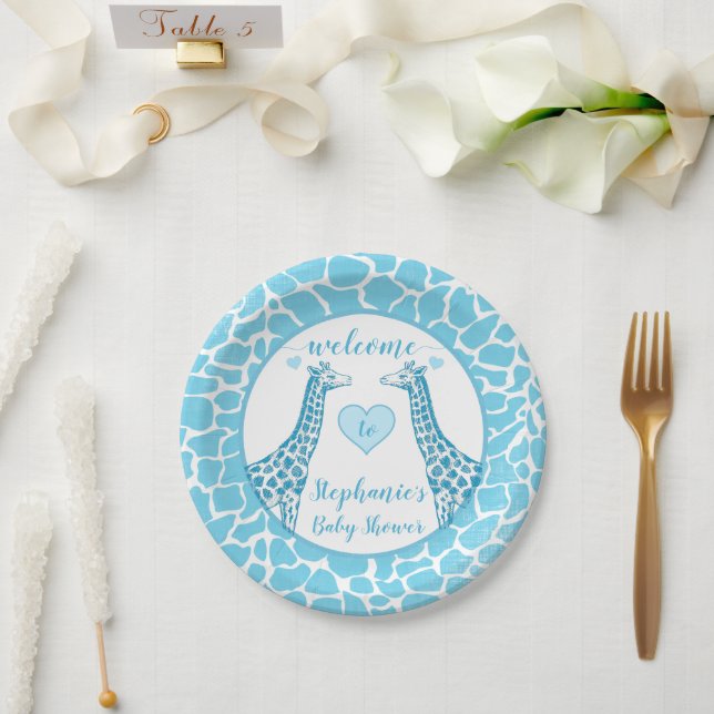 Plato De Papel Baby Boy Blue Giraffe Baby Shower (Boda)