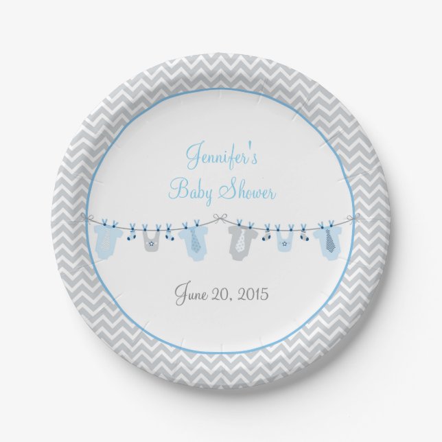 Plato De Papel Baby Boy Clothesline Baby Shower (Anverso)