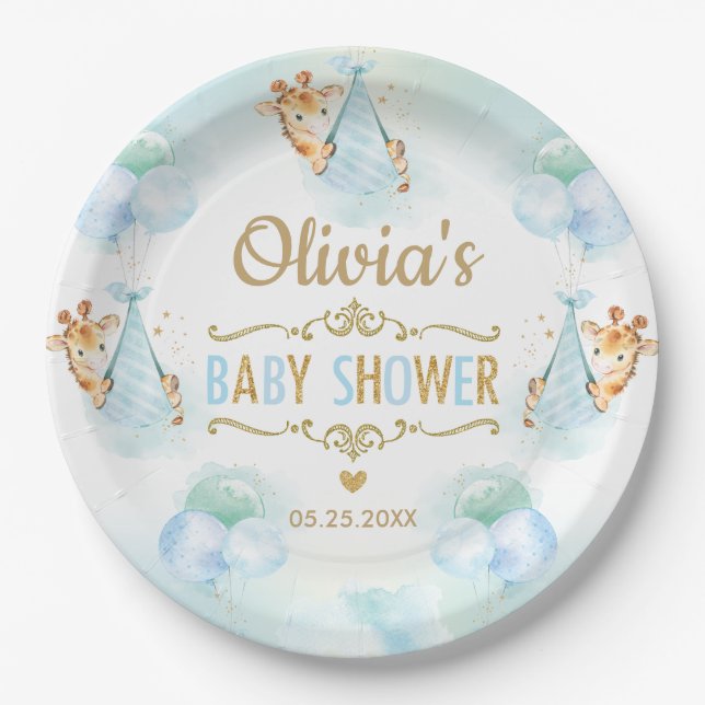 Plato De Papel Baby Boy Cute Giraffe Globos Baby Shower (Anverso)