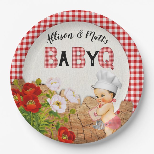 Plato De Papel Baby Boy Shower Red Gingham Baby Q Barbeque (Anverso)