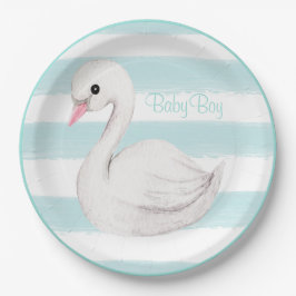 Plato De Papel Baby Boy Swan Blue Script Baby Shower