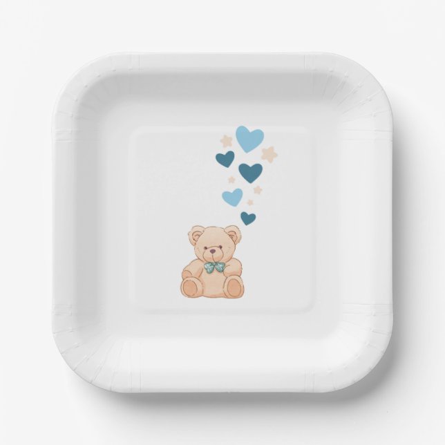 Plato De Papel Baby Boy Teddy Bear Party Plates (Anverso)