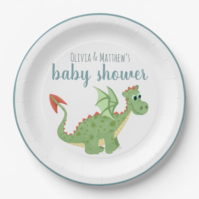 Plato De Papel Baby Boys Magic Green Dragon Baby Shower (Anverso)