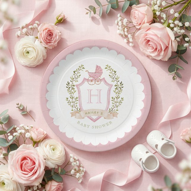 Plato De Papel Baby Carriage Crest Monogram | Pink Baby Shower (Subido por el creador)
