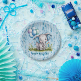 Plato De Papel Baby Elephant and Wildflower Boy Baby Shower