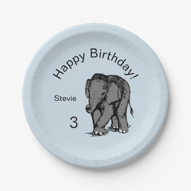 Plato De Papel Baby Elephant Birthday Blue (Anverso)