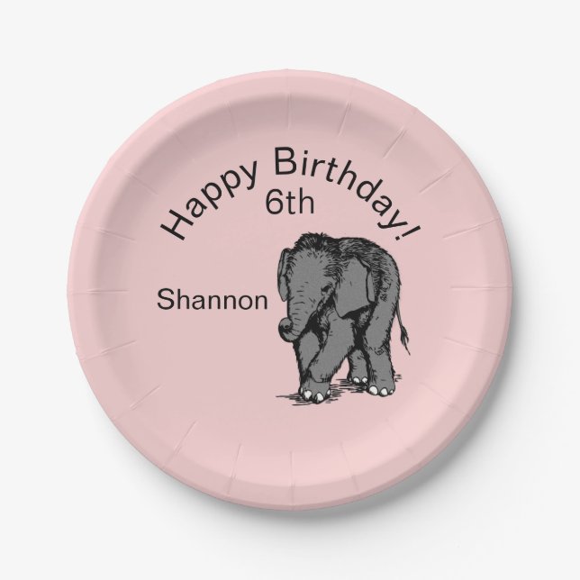 Plato De Papel Baby Elephant Birthday Pink (Anverso)