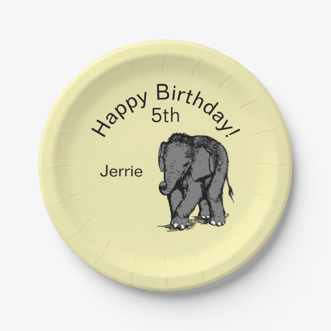 Plato De Papel Baby Elephant Birthday Yellow (Anverso)