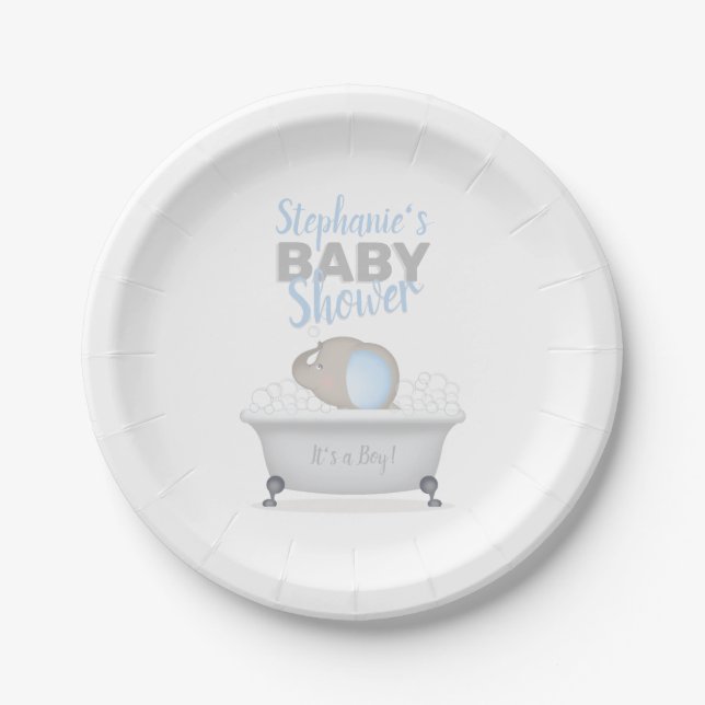 Plato De Papel Baby Elephant Bubble Bath Boy Baby Shower (Anverso)