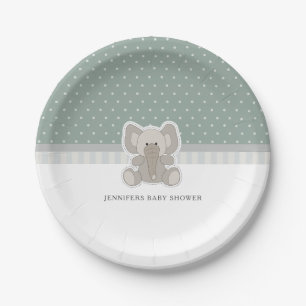 Plato De Papel Baby Elephant Green Polka Dot Baby Shower