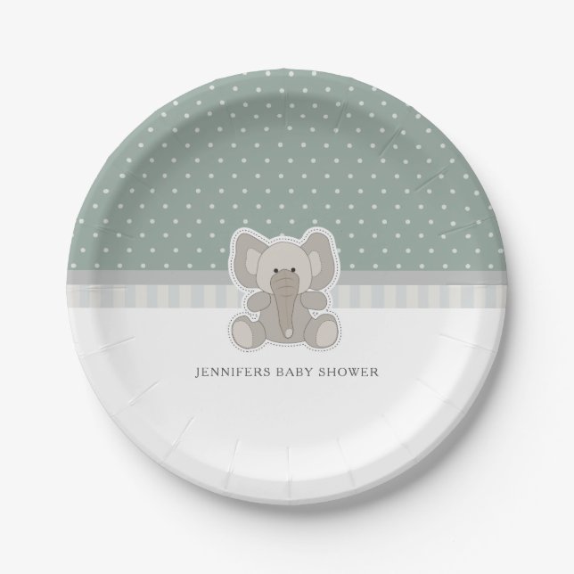 Plato De Papel Baby Elephant Green Polka Dot Baby Shower (Anverso)