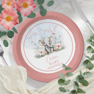 Plato De Papel Baby Elephant Hello Baby Girl Floral Baby Shower