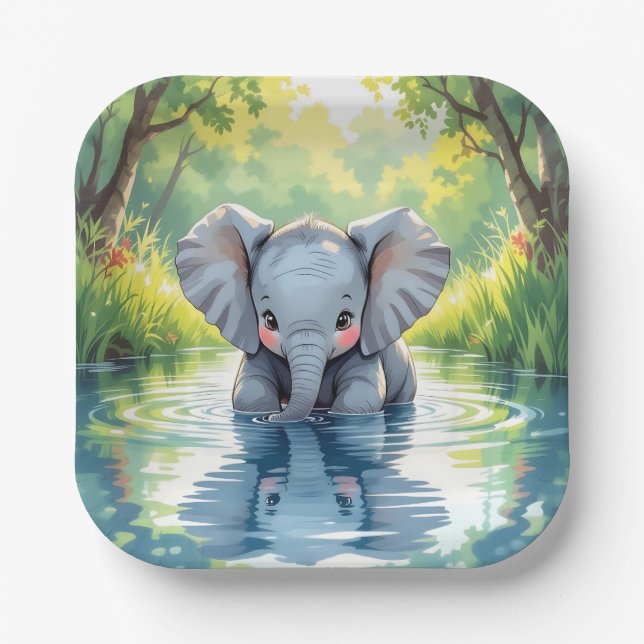Plato De Papel Baby Elephant Themed |  Birthday Party (Anverso)