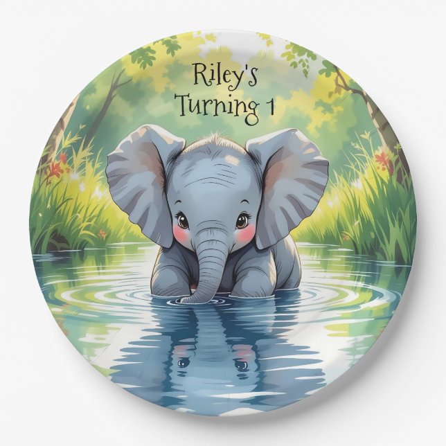 Plato De Papel Baby Elephant Themed  Birthday Party Personalized (Anverso)