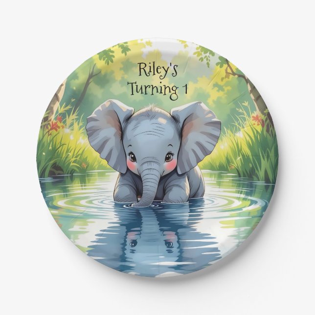 Plato De Papel Baby Elephant Themed  Birthday Party Personalized (Anverso)